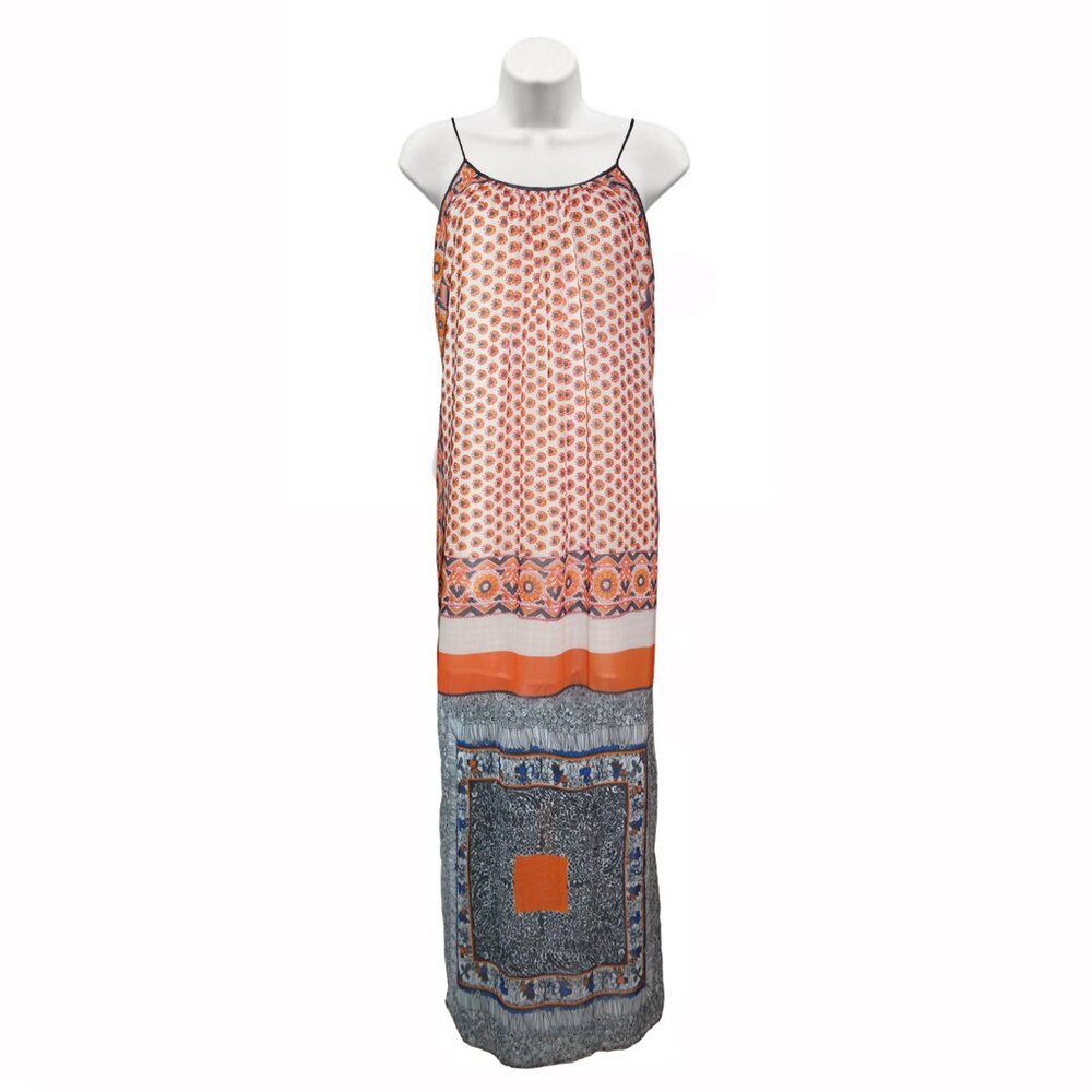 Clover Canyon Orange Scarf Floral Print Vacation Resortwear Maxi Sheer Dress  M